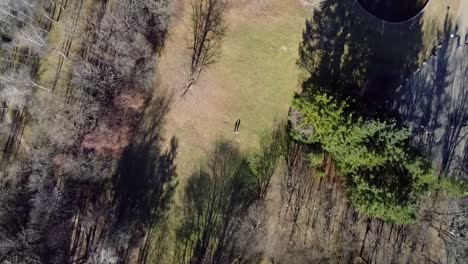 Top-down-revolving-aerial-shot-of-long-shadows-of-two-people-in-a-meadow-in-the-park