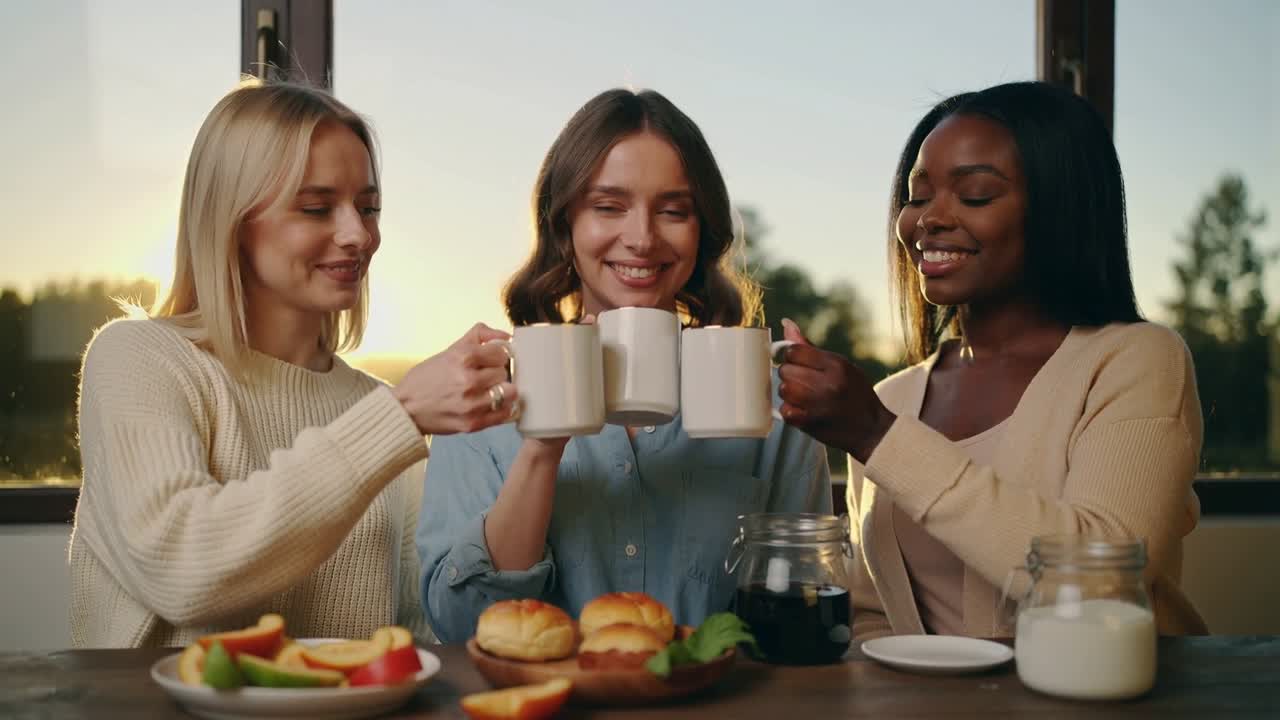 Tres amigos sonriendo levantando tazas blancas en la mesa de la cocina junto a la ventana, la luz del atardecer ilumina la habitación, desayuno.