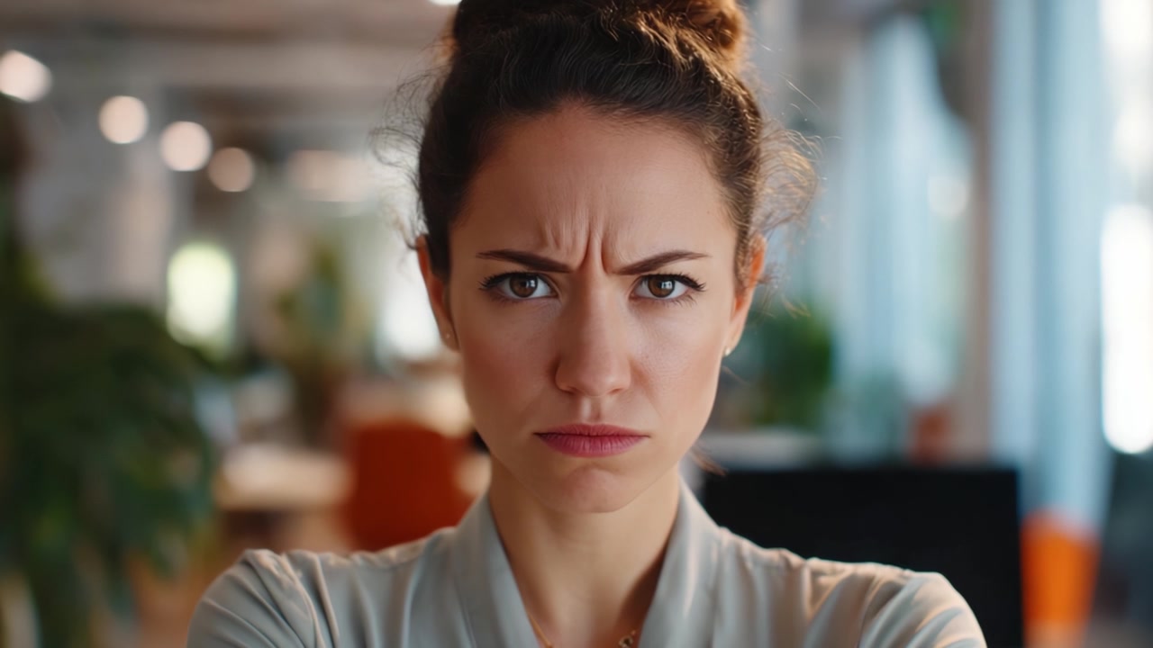 A Woman Expressing Strong Emotion with a Serious Expression in a Contemporary Office Environment, Capturing Attention and Evoking Curiosity