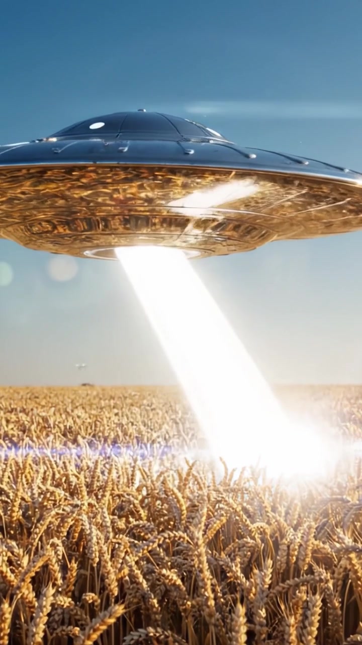 En UFO daler ned over et gyllent hveteåker, belyser avlingen under med en strålende lysstråle mens den deltar i et mystisk møte over jorden