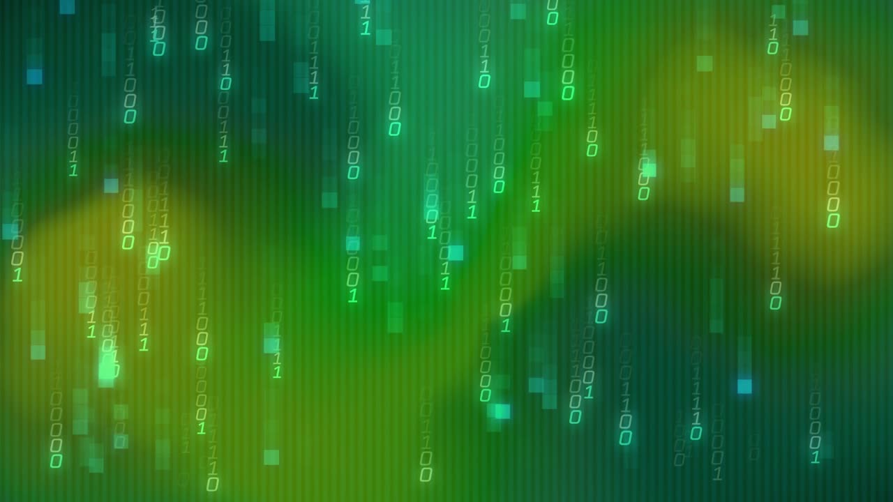 Gradient shifting at start, binary streams forming and falling, pulsing squares showing data flow