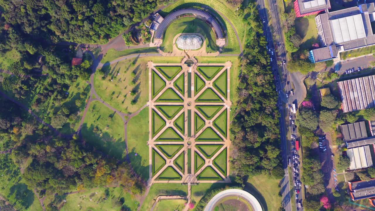 Aerial top-down shot showcasing Curitiba’s greenhouse and symmetrical French gardens