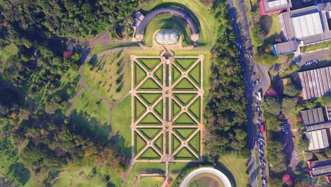 aerial top-down shot showcasing curitiba’s greenhouse and symmetrical french gardens