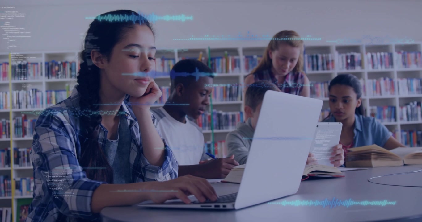 Vertical video: Leaning peer urging plaid girl typing on laptop tablet data in library, copy space