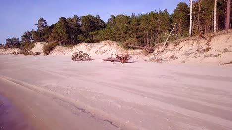 Aerial-view-of-Baltic-sea-coast-on-a-sunny-day,-steep-seashore-dunes-damaged-by-waves,-broken-pine-trees,-coastal-erosion,-climate-changes,-wide-angle-ascending-drone-shot-moving-forward-over-the-sea