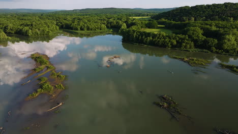 sky reflecting on the calm waters of lake sequoyah in arkansas,usa - aerial drone shot