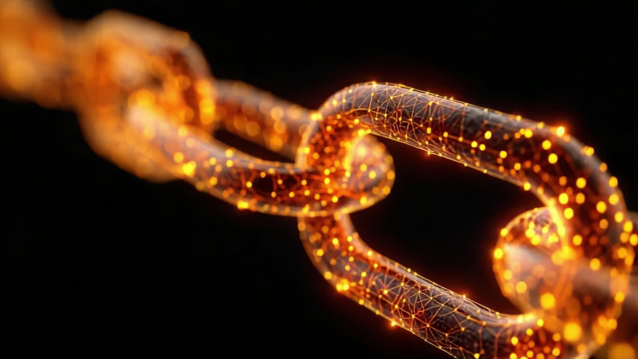 Illuminated Digital Chain Links Highlighting Connectivity and Strength in a Modern, Abstract Interpretation of Security Through Advanced Technology