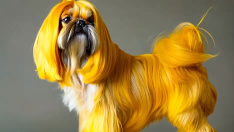 a dog with a yellow wig on its head