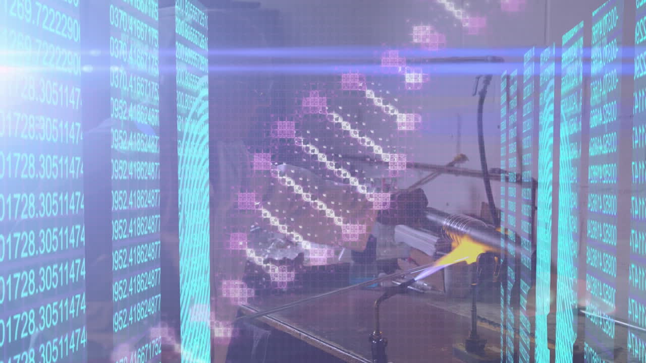 실험실에서 일하는 두 인종의 남성 과학자에 대한 dna 가닥의 애니메이션과 데이터 처리