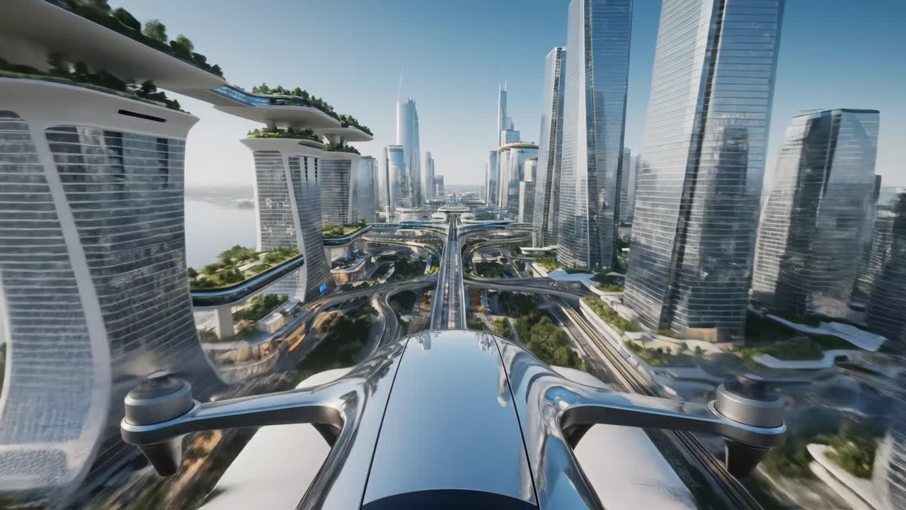 Futuristic Cityscape with Modern Architecture and Advanced Transportation