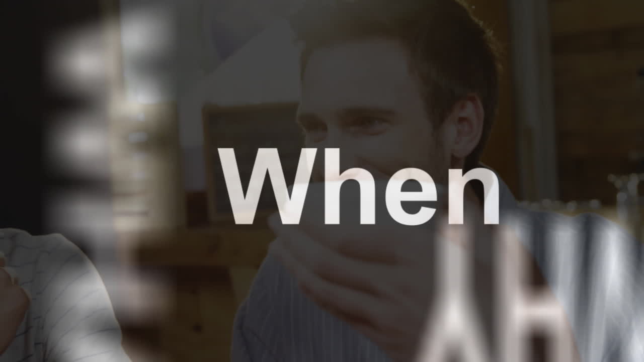 Drinking from cup, person in cafe with text animation overlaying WHAT and When