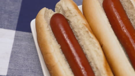 close up pan across a plate of hot dogs with ketchup, mustard, and relish on the side