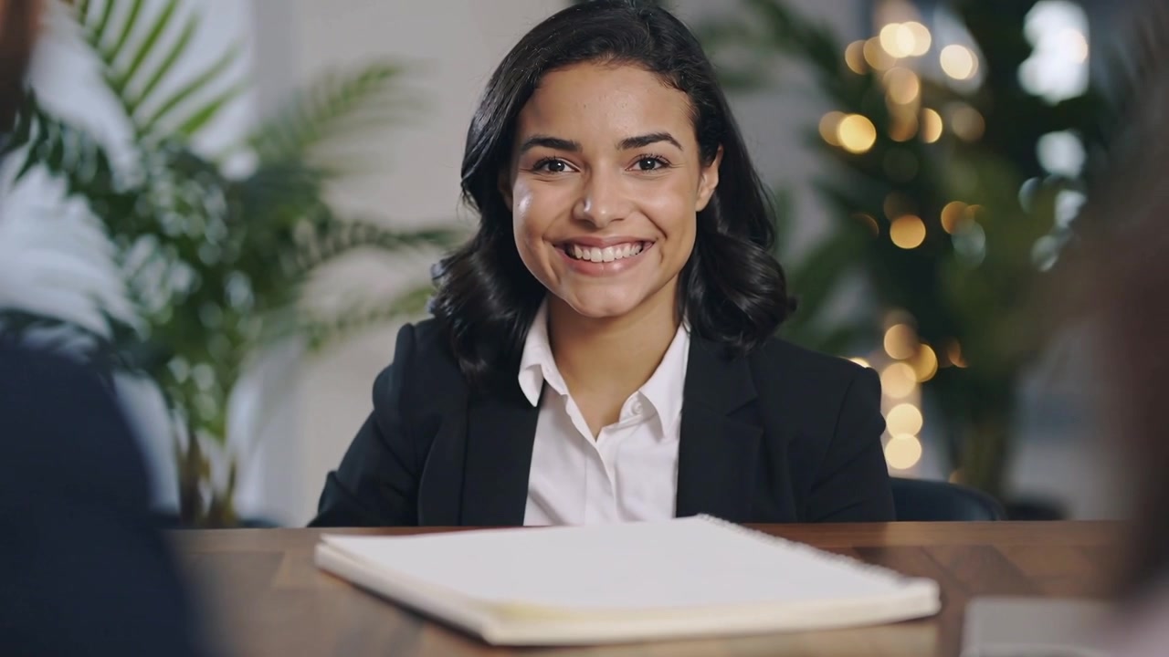 Leaning, woman in black blazer pointing and tapping spiral notebook on meeting table, for signature