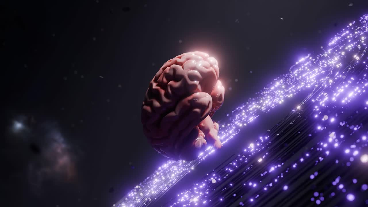 Human brain floating above glowing purple digital surface in dark space. Artificial intelligence and neural network concept. Design for poster, banner, wallpaper, header