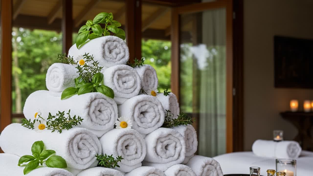 A Luxurious Display of Soft White Towels Elegantly Arranged with Greenery for a Soothing Spa Experience in a Relaxing Environment