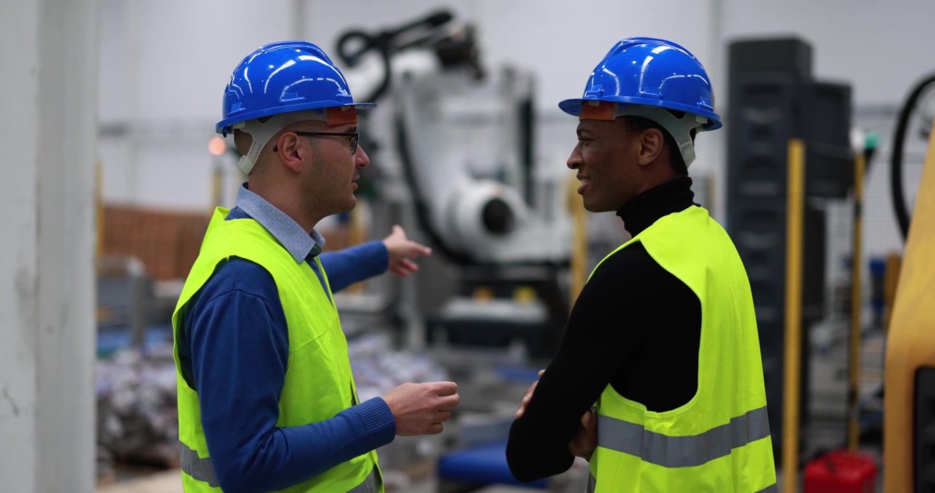 Two Engineers Discussing Industrial Machinery in a Factory