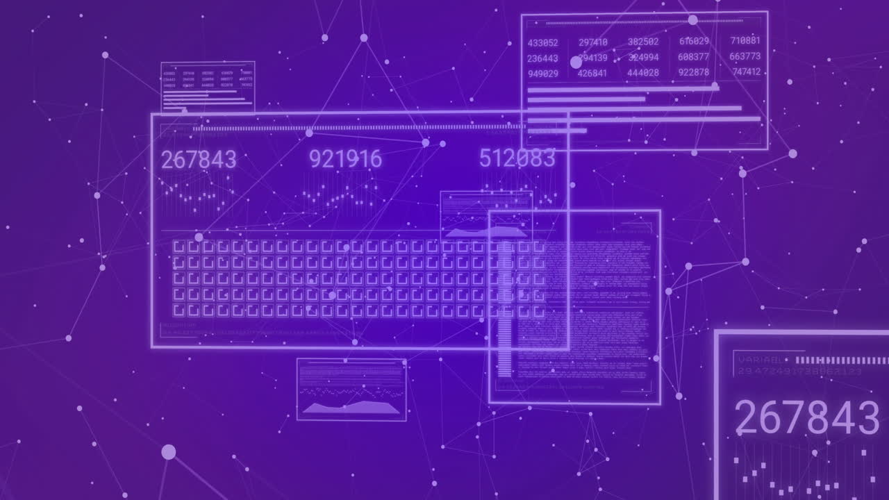 Processing digital data with numbers and keyboard in animation over purple network