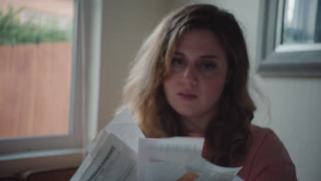 stressed out woman in her kitchen organizing receipts and bills, throws them in the air, overwhelmed by financial stress