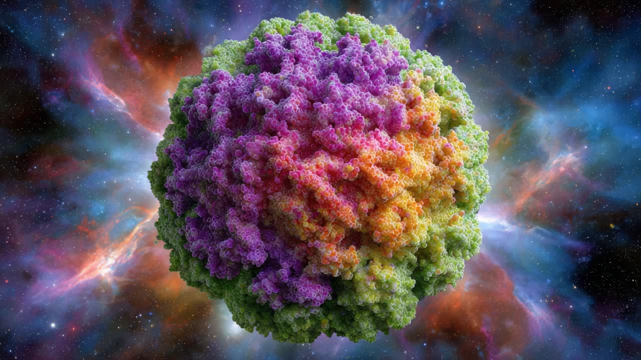 A Stunning Visual Representation of a Colorful Virus in Cosmic Space, Showcasing Intricate Details and Vibrant Colors Against a Nebula Background