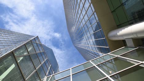 low angle 360 degrees pan looking up at the skyline with blue sky and tall buildings