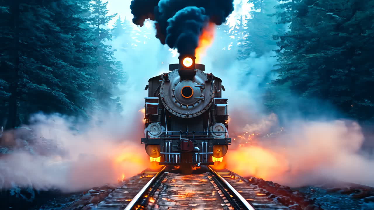 Vintage Steam Train Passing Through Foggy Forest at Dusk. A steam train emits plumes of smoke while traveling along tracks surrounded by a dense forest at twilight.