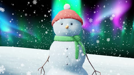 Animation-of-snow-falling-over-snowman-and-winter-landscape-at-christmas