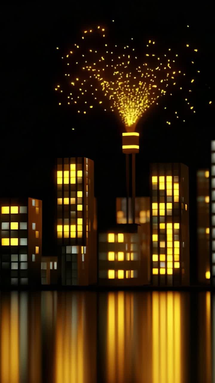 A mesmerizing nocturnal urban scene showcasing a vibrant city skyline illuminated by sparkling golden fountain-like fireworks erupting from a tall structure, reflecting stunningly on the tranquil water surface below