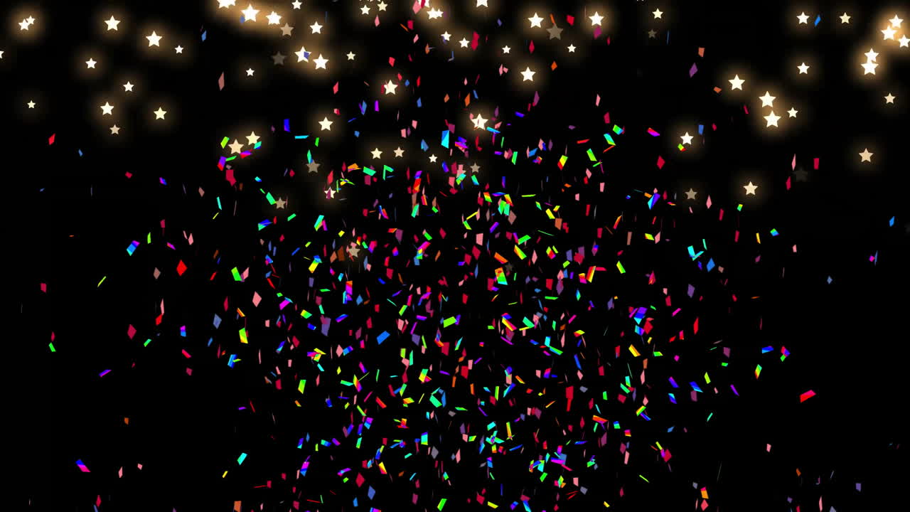 confeti colorido y estrellas que caen animación en fondo negro, creando una atmósfera festiva