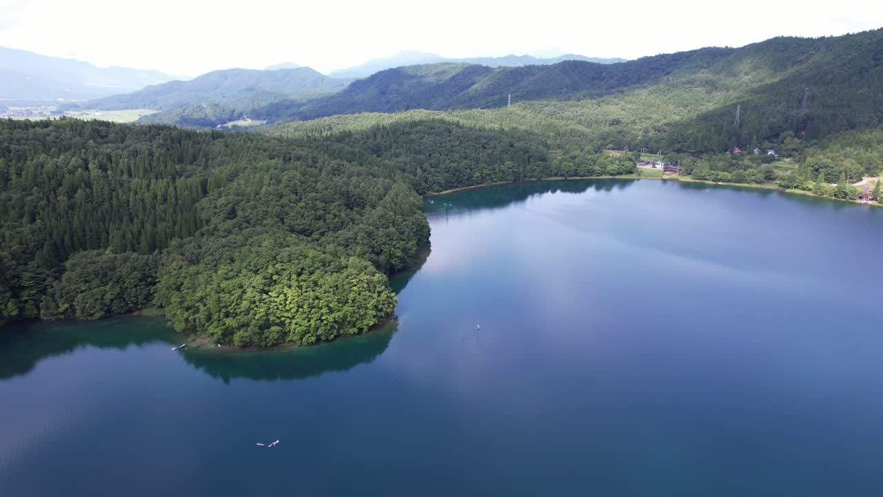 Aerial View of a Serene Lake Surrounded by Mountains and Forest