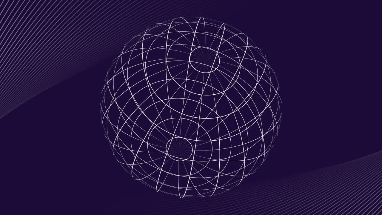animación de una esfera que gira sobre redes de líneas blancas paralelas curvas sobre un fondo oscuro