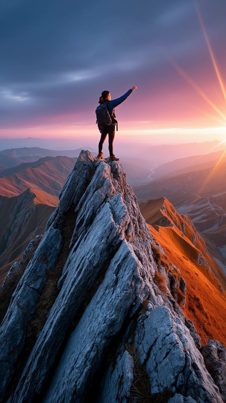 Escursionista in piedi su una cima di montagna aguzza che alza una mano per festeggiare al tramonto.