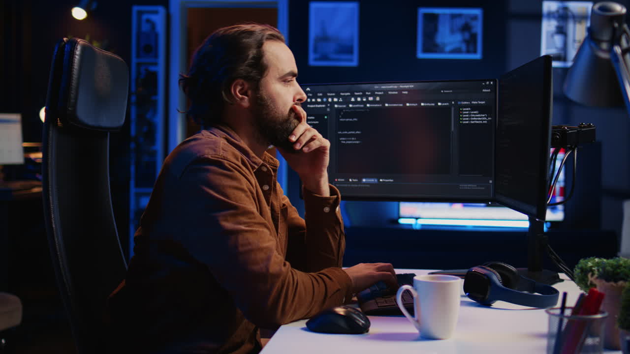 desarrollador pensando demasiado en soluciones mientras hace programación durante el turno de trabajo remoto