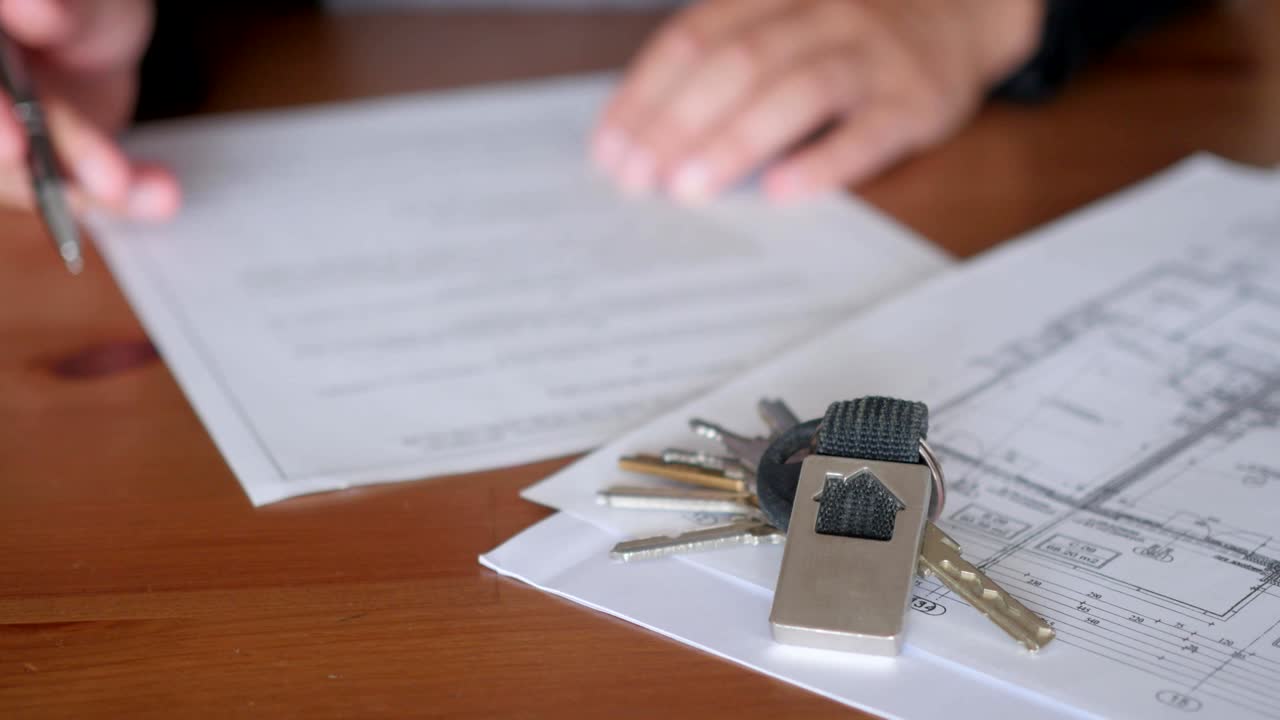 lettura e firma di un contratto per l'acquisto, l'affitto di un appartamento, appartamento, con chiavi