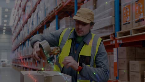 Animation-of-glowing-spots-of-light-over-caucasian-man-working-in-warehouse,