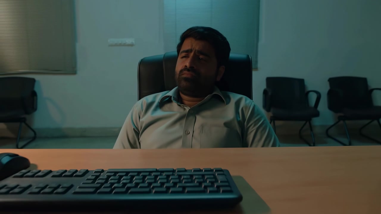 Front-facing view slowly pulls back from seated man with furrowed brow to wider workspace composition, bringing wooden tabletop, keyboard, mouse, chairs, and blinds into frame.