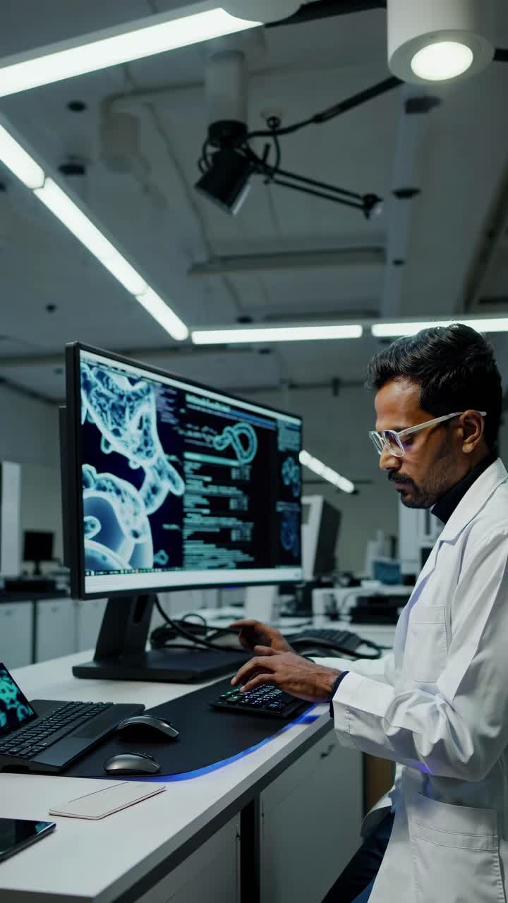 Scientist in a lab coat works at a computer with DNA visuals
