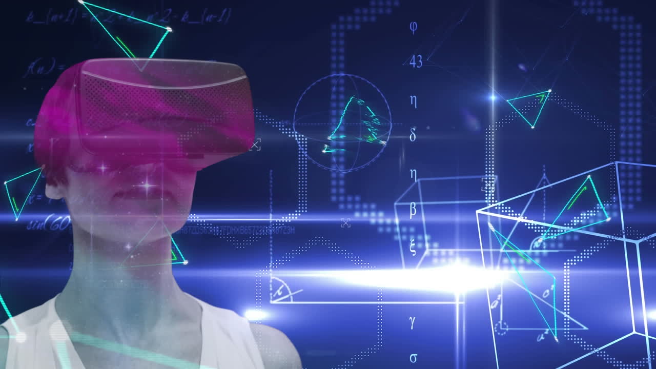 Animation of caucasian woman using vr headset over illuminated lens flare and geometric shapes