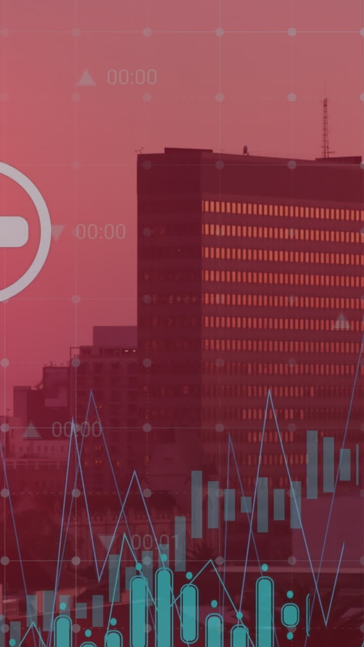 Animation of flag of china and data processing over cityscape