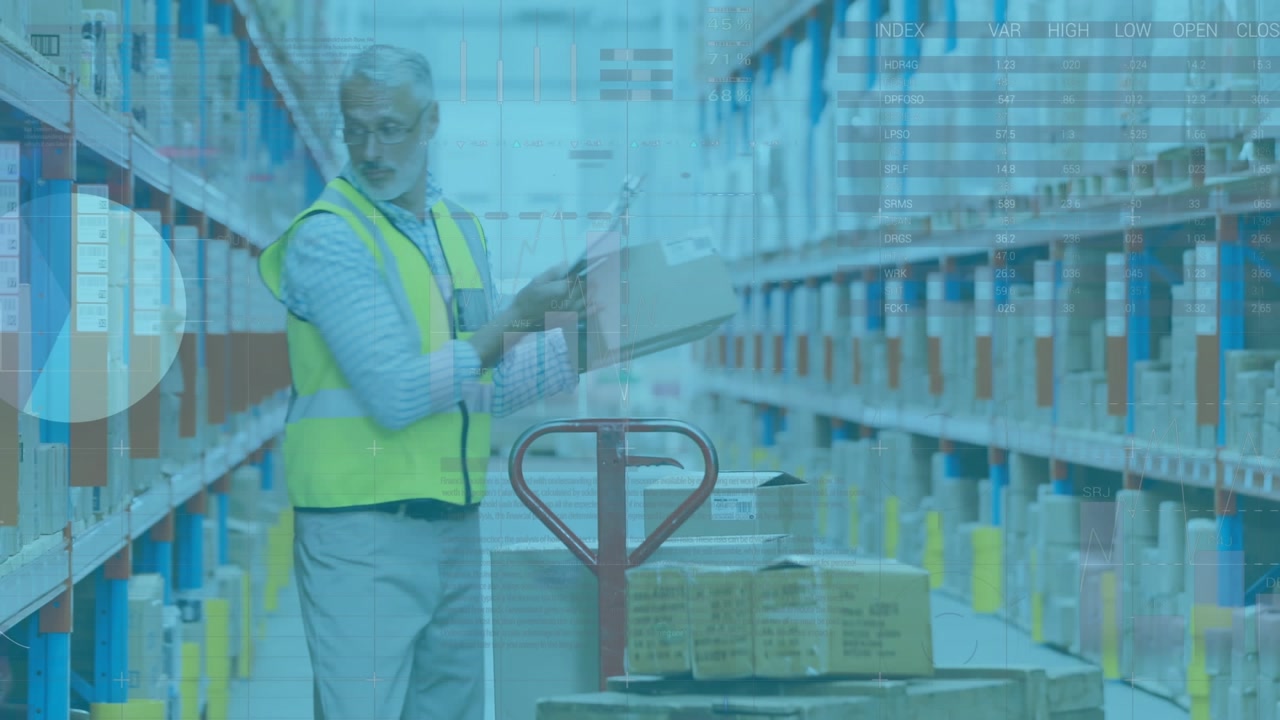 Animation of infographic interface over caucasian man placing inventory in warehouse