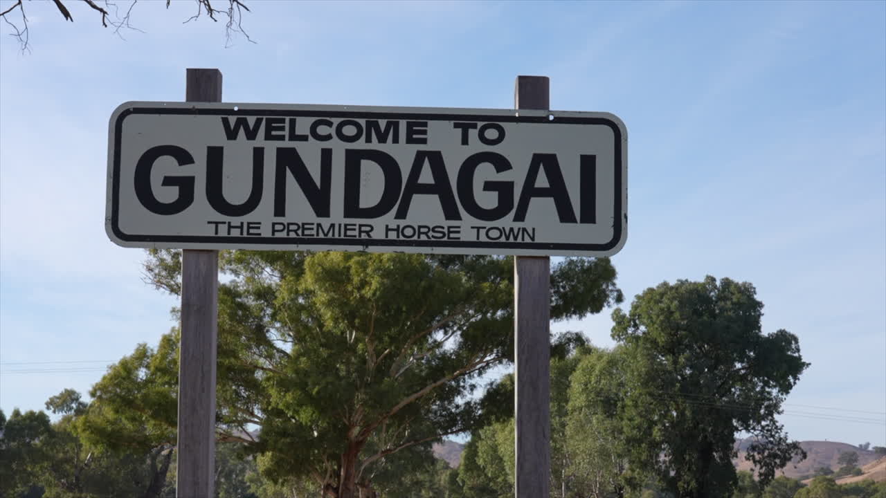 Close up shot of Welcome to Gundagai signage, New South Wales, Australia