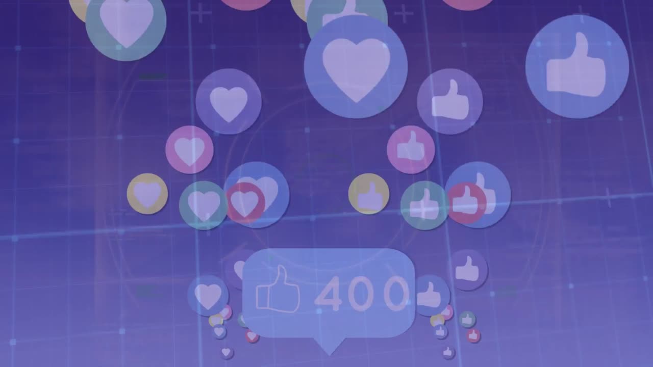 소셜 미디어 아이콘의 애니메이션과 파란색 배경의 증가하는 수