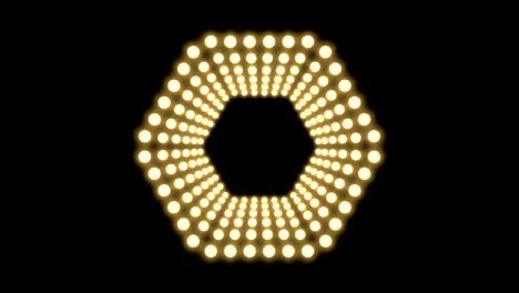 cuadro de caja de bombilla incandescente de túnel forma hexagonal patrón móvil, retro 3d estilo virtual ilustración brillo en fondo oscuro animación de bucle sin costuras 4k, con espacio de copia