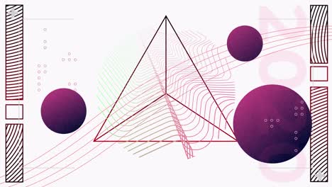 animación digital de tres esferas púrpuras que se mueven sobre líneas y formas geométricas abstractas contra