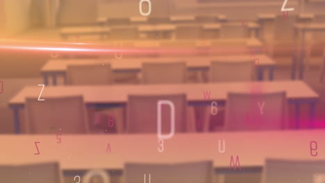 animación digital de números y alfabetos cambiantes y rastro de luz rosa contra un aula vacía