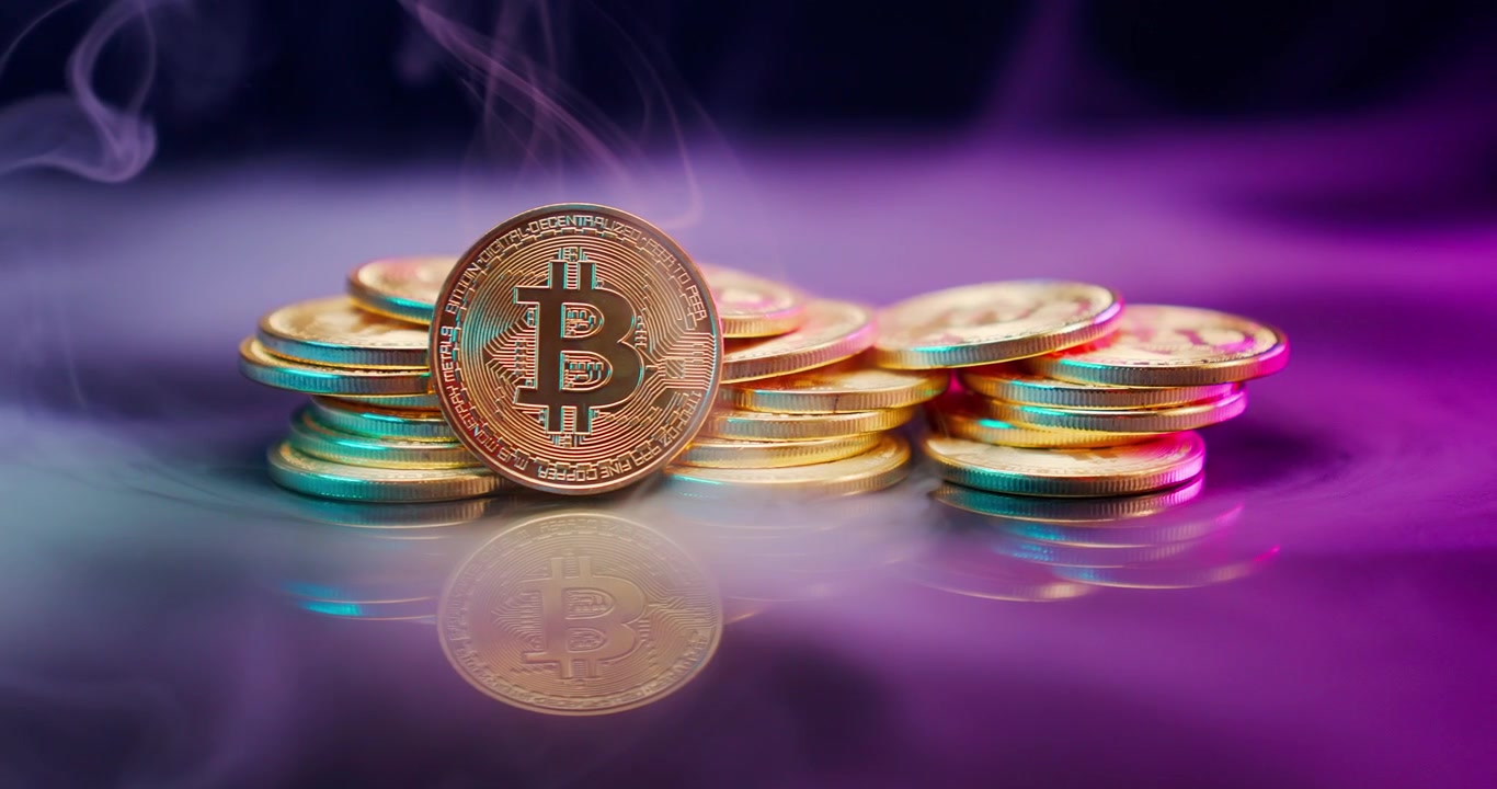 Criptovalute Bitcoin illuminate da luci al neon e fumo