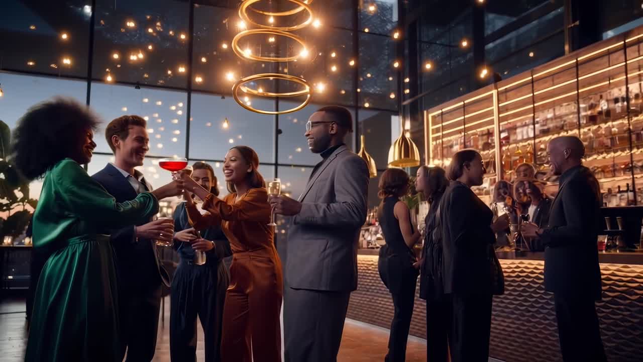 Elegant evening event in a modern bar, captured from a wide-angle view, perfect for a video
