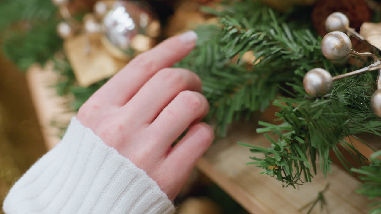 Close-up of hand gently touching decorative Christmas plant with ornaments in festive shop, beautiful holiday display with gold accents and greenery