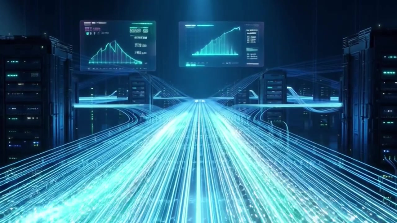 Digital Data Flow Through Futuristic Server Room Infrastructure