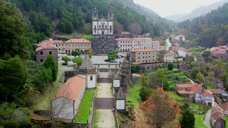 Aerial-Establishing-Sanctuary-of-the-Lady-of-Peneda-on-a-rainy-day,-Portugal