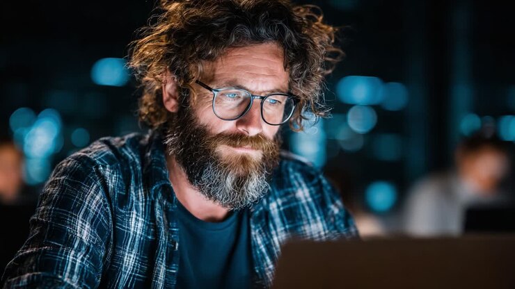 Focused Man with Glasses and Curly Hair Working Late at Night on a Laptop, Capturing the Essence of Concentration and Dedication in a Modern Office Environment